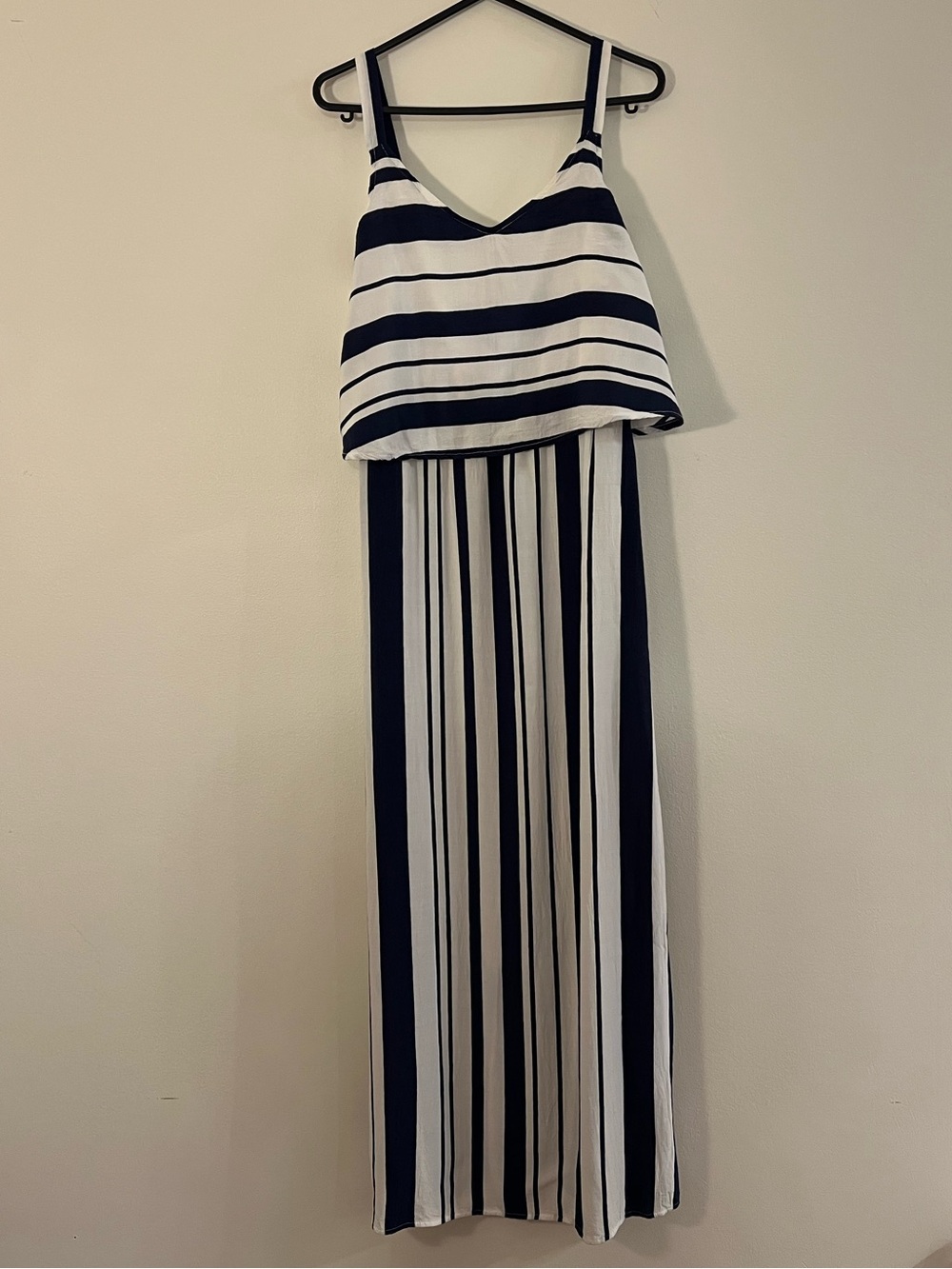 Navy and White Striped Maxi Dress with Layered Bodice